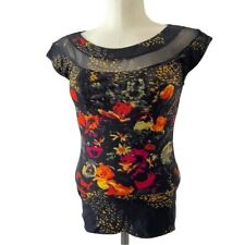 Jean Paul Gaultier Vintage Top Black Nylon Mesh Floral Shirt Cap Sleeves Size XS