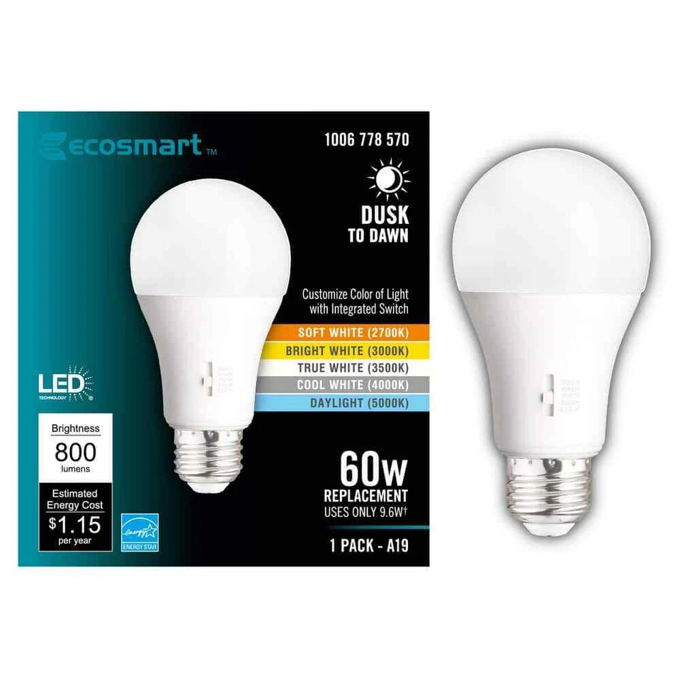 60W Equivalent A19 Dusk to Dawn LED Light Bulb w/ Selectable Color Temperature - Image 1 of 1