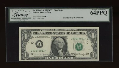 DBR 1969-C $1 FRN Kansas City STAR Fr. 1906-J* Legacy 64 PPQ Serial J03577911* - Image 1 of 2