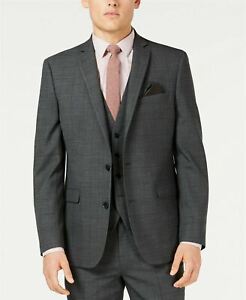 Bar III Slim-Fit Active Gray Windowpane Sharkskin Suit Jacket Mens 36S 36