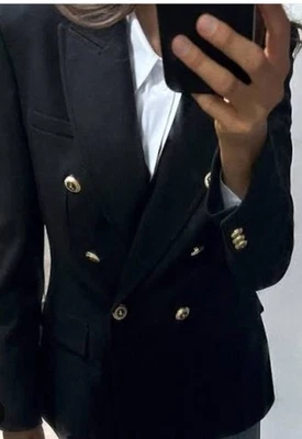 Zara Lapel Double Breasted Blazer Jacket Black Womens Size M Gold Button - Image 1 of 4