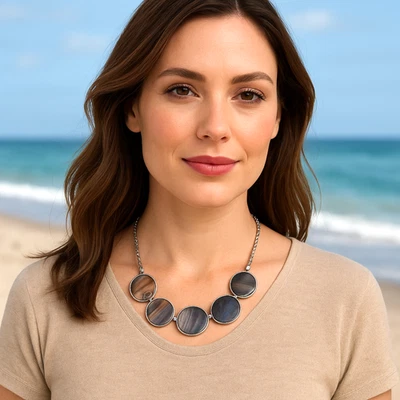 J. Jill Beaded Necklace Shell Multi Disc Mother Pearl Pendant Silver Tone Adjust - Image 1 of 4