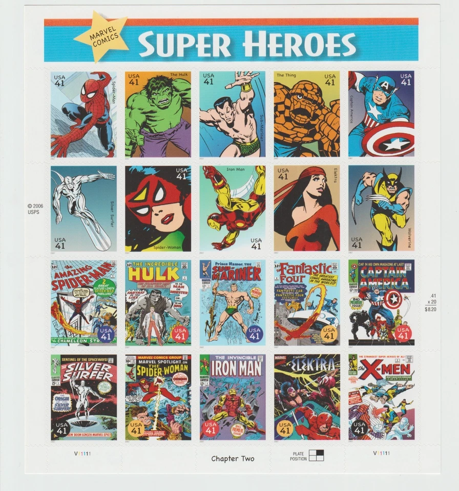 Marvel Comics Super Heroes 2006 EE. UU. Hoja de estampillas estampillas de 41 centavos en estado casi nuevo+ Foto 1 de 2