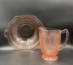 Vintage Pink Jeannette Cherry Blossom Pitcher & Serving Bowl Depression Glass - Picture 1 of 13