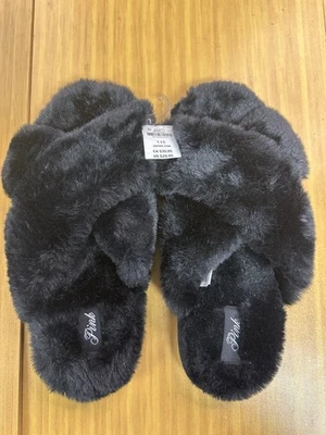 VS PINK Black Fuzzy Slides Women's Large NWT Cozy Plush House Slippers Faux Fur - Image 1 of 4