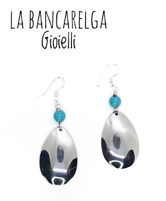 Orecchini artigianali da cucchiaini acciaio (posate) e turchesi. Spoon earrings  - Immagine 1 di 4
