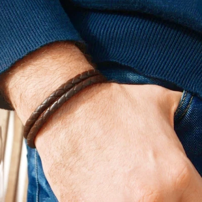 Bracciale cuoio intrecciato Marrone Nero corda in pelle Uomo Donna braccialetto - Immagine 1 di 2