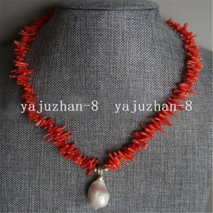 18" Vintage Red Coral Bead Strand Whtie South Sea Baroque Pearl Necklace - Picture 1 of 4