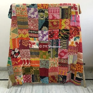 Reversible Vintage Patchwork Kantha Quilt Multicolor Twin Blanket Bed Runner - Picture 1 of 3