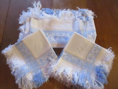 Service de table N°101 frange liteau bleu monogrammes LB nappe thé 12 serviettes - Photo 1/4