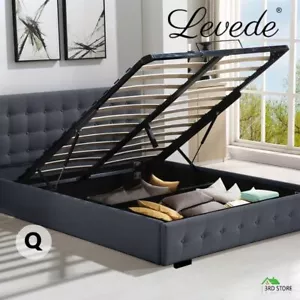 Levede Gas Lift Bed Frame Fabric Base Mattress Storage Queen Size Dark Grey - Picture 1 of 12