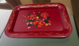 5 Vintage Floral Metal Toleware Coaster Trays Red Rectangle Set 4.75” 6.75” - Picture 1 of 18