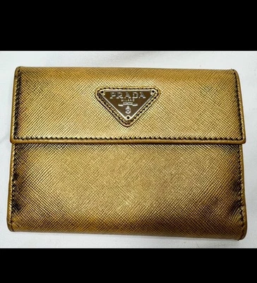 PRADA Metallic Gold Saffiano French Flap Compact Wallet - Image 1 of 4