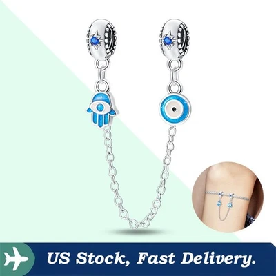 KUNSIR Sterling Silver Safety Chain Charm For Bracelet Evil Eye Clip Charm DIY - Image 1 of 4