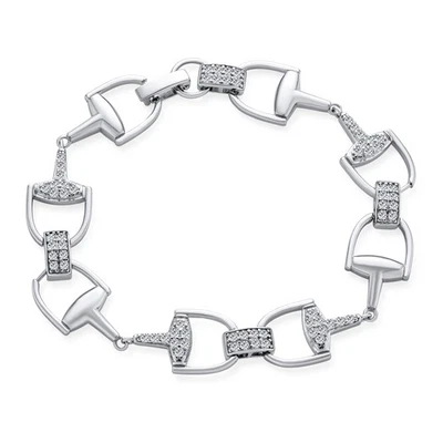 Horse Snaffle Bits Equestrian Chain Link Bracelet CZ Pave Sterling Silver Gift - Image 1 of 4