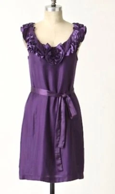 BARASCHI Anthropologie Stunning! Purple Floral Collar Tie Waist Dress Sz 0 Foto 1 de 3