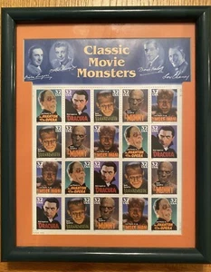 UNIVERSAL MONSTERS VINTAGE 32 CENT FRAMED SHEET OF 20 POSTAGE STAMPS-1996 - Picture 1 of 6