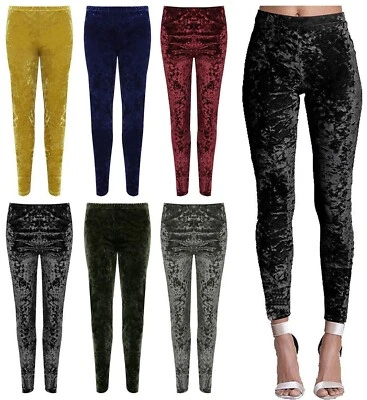 Womens Plain Crushed Velour Velvet Pant Ladies Full Length Elasticated Legging - Image 1 of 2