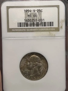 GEM 1954-S MS66 Washington Silver 25c quarter, nicely toned NGC graded - Picture 1 of 2