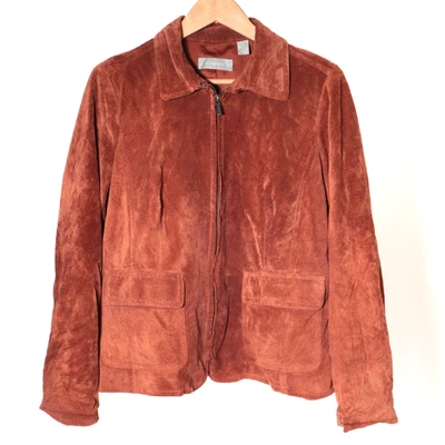 Chaqueta de Cuero Liz Claiborne Mujer L Marrón Óxido Gamuza Cremallera Completa Bolsillos Bombardero Foto 1 de 4