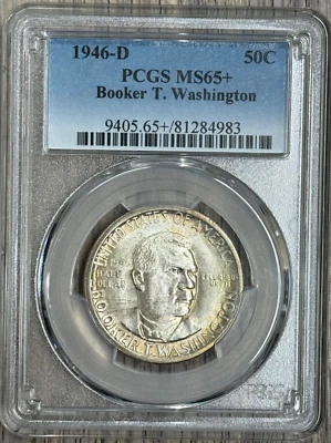 1946 D Booker T Washington Commemorative Half Dollar 90% Silver Coin, PCGS MS65+ - Image 1 of 4