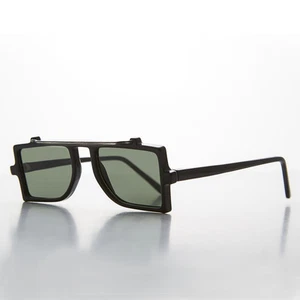 Grunge Safety Flat Top Vintage Sunglass Black/Green Lens - Flash - Picture 1 of 4