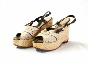 Vintage Platforms Wedge Heels Shoes 7 Woven Plaited Rattan 70s Hippy Retro Cork  - Picture 1 of 12