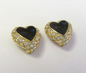 VINTAGE 60er 70er HERZ OHRRINGE GOLD METALL SCHWARZ EMAILLE KRISTALL STRASS - Bild 1 von 8