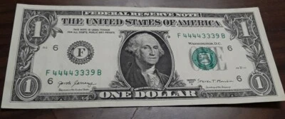 Fancy Serial # Crisp Nice One dol Bill Trinary Note F44443339B Great CONDITION. - Image 1 of 3