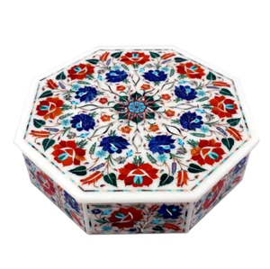 Caja de Almacenamiento de Mármol Blanco 6"x6"x2" Multi Piedra Incrustación Floral Filigrana Arte Regalo Dec - Imagen 1 de 5