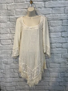 BECCA Swim por Becca Virtue Algodón Natural Encaje Flecos Boho Cubrir Talla M - Imagen 1 de 8