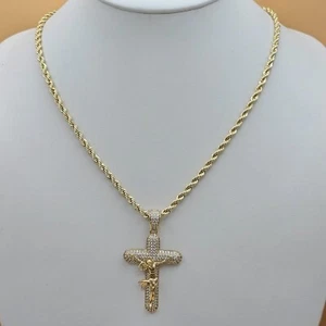 14K Gold Plated Jesus Christ Crucifix Cross Pendant Crystal Necklace Chain Set - Picture 1 of 6