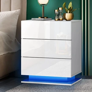 Bedside Table LED Nightstand Night Table with 3 Drawers White - Picture 1 of 12