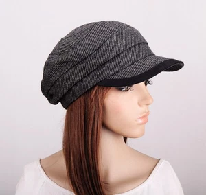 JM249 Negro Otoño Elegante Rayas Algodón Lana Sombrero Gorra Visera Newsboy Para Mujer Nuevo con Etiquetas - Imagen 1 de 5