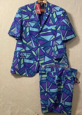 Shinesty Suit Men Blazer 52  Shorts 44 Blue Purple Abstract Dean Mitchell New - Image 1 of 4