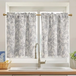 Gray Blackout Floral Kitchen Curtains 36 Inch Length Linen Farmhouse Cafe Cur... - Picture 1 of 8