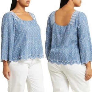 Caslon $79.50 Blue Embroidered Eyelet Blouse 4X 100% Cotton Cottagecore Bohemian - Picture 1 of 11