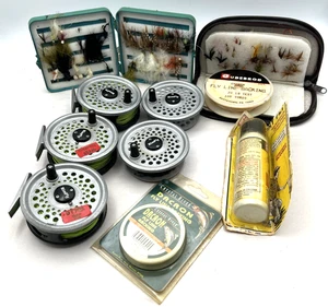 LOT Vintage Fly Fishing Lure Supplies Reels 90 Flies RimFly British Leeda Dacron - Picture 1 of 22