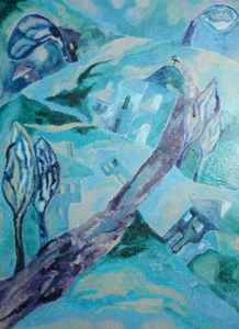 Cubist landscape cityscape oil painting signed - Picture 1 of 12