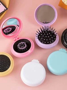 Small Round Folding Detangle Hair Beard Brush Pocket Mirror Portable Travel Size - Picture 1 of 15