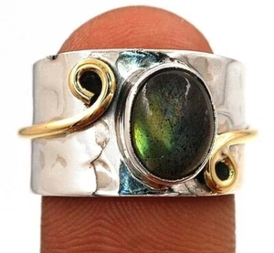 Two Tone- Natural Labradorite 925 Solid Sterling Silver Ring Jewelry Sz 7 @19-2 - Picture 1 of 3