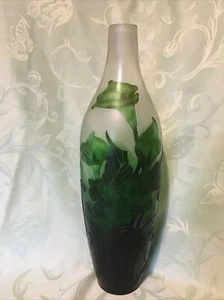Galle Reproduction Cameo Glass Lily Vase 16" Tall - Green & White - Picture 1 of 18