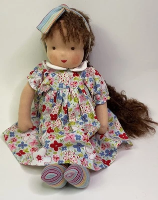 Kathe Kruse Waldorf Doll Long Brown Wavy Hair Floral Dress 15” Tall GERMANY - Image 1 of 4