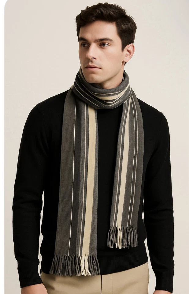 Bufanda de invierno para hombre negro carbón blanco roto sensación cálida suave unisex rayas Foto 1 de 1