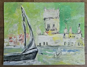 Pintura artística original firmada de colección paisaje barco 18" X 14" pintura a bordo - Imagen 1 de 12