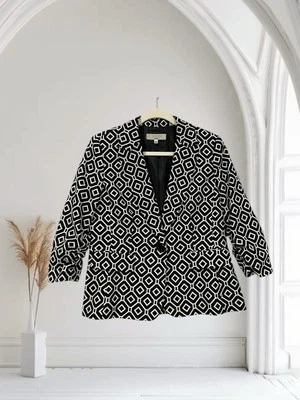 Kasper Women’s Geo Print Blazer Size 8 Stretch Black & White Ruched 3/4 Sleeve - Image 1 of 4