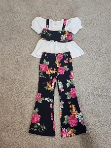 Shein Mädchen 4 Jahre weiß und blau Kurzarm und Hose Blumen Outfit - Bild 1 von 9