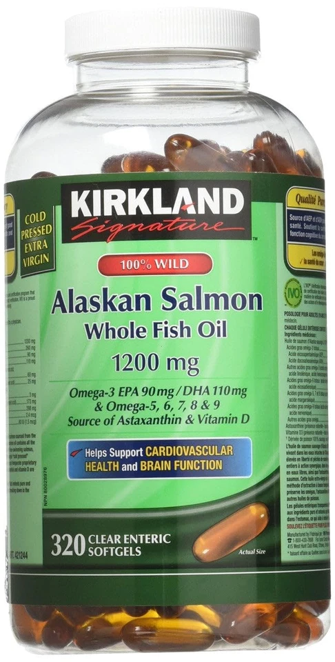 Aceite de salmón Kirkland Signature 100 % salvaje de Alaska 90 EPA 110 DHA 1200 mg - 320 Foto 1 de 4
