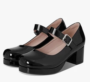 Schwarze Femflame Damen niedriger klobiger Absatz Mary Jane Pumps mit Knöchelriemen - Bild 1 von 8