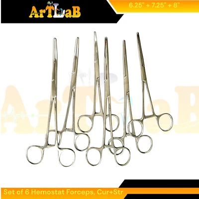 Set of 6 Hemostat Plier Forceps for Fishing, Curved & Straight 6.25" 7.25" 8" - Image 1 of 4